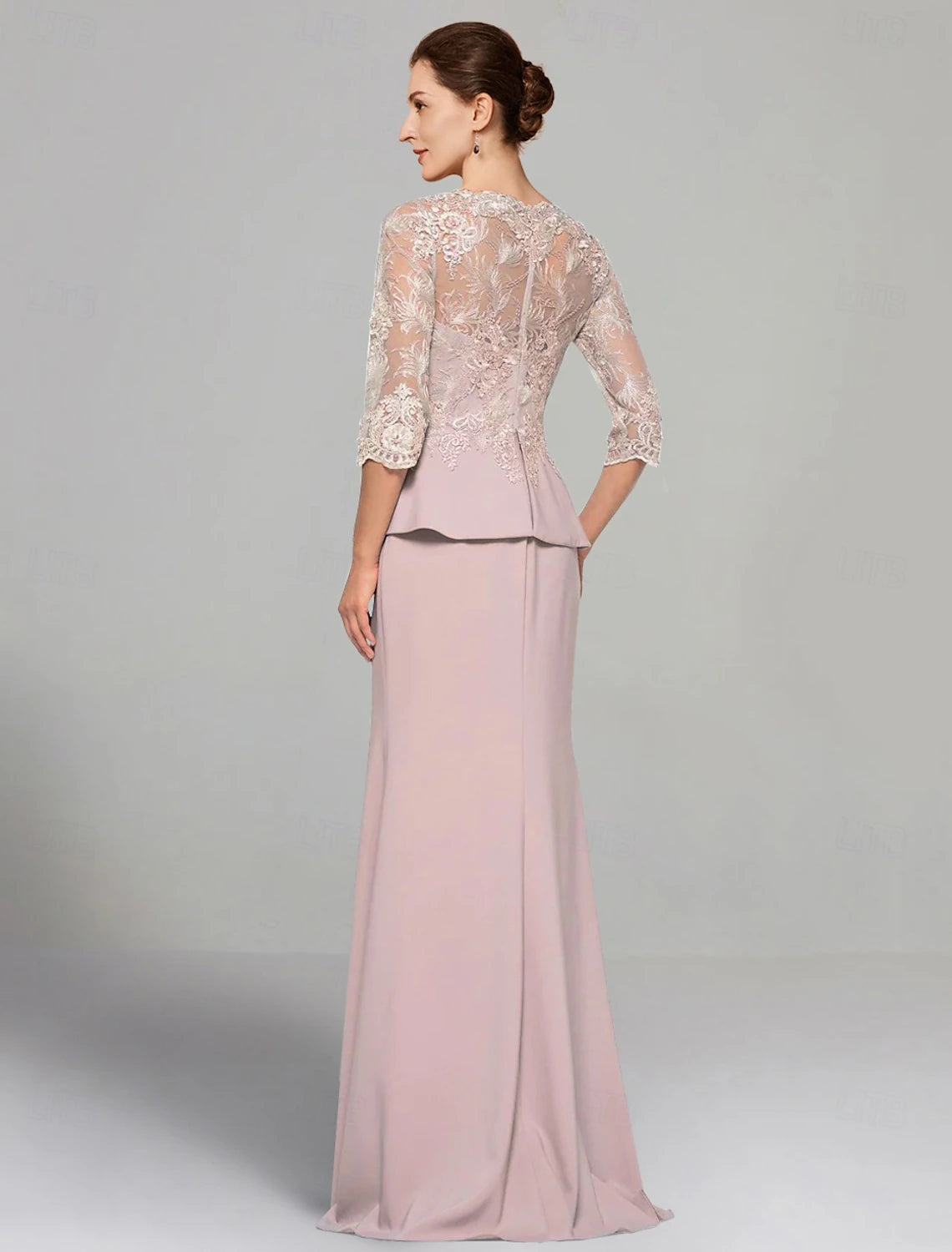 Buyishang Sheath Dress Mother of the Bride Dress Elegant V Neck Floor Length Stretch Chiffon 3/4 Length Sleeve with Lace Pleats Solid Color